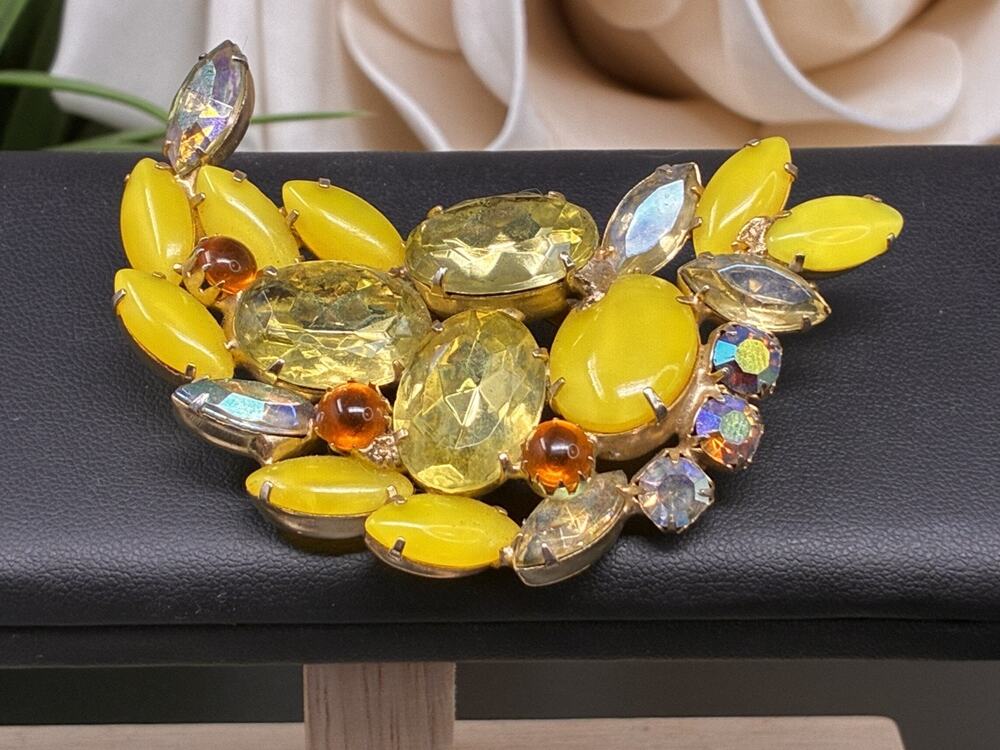 Vintage Yellow Glass Rhinestone Brooch AB Navette Statement Pin Mid Century
